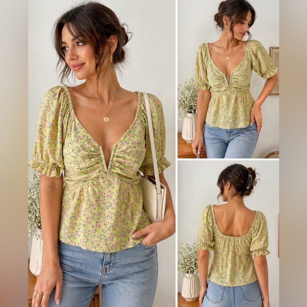 HEYSON FLORAL PUFF SLEEVE BLOUSE GREEN PINK COTTAGECORE TOP BABYDOLL BOHO SIZE M